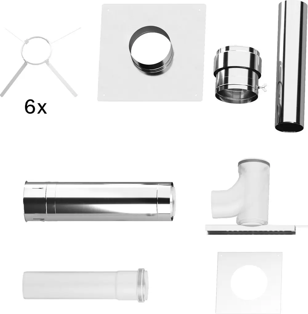 Abgaszubehör-Set mit verschiedenen Rohrteilen und Elementen für einen Kaskadensystem, geeignet für Bosch-Geräte im Schacht, Durchmesser 200 mm.